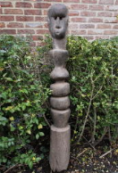 2001022 "Bongo-Belanda" gedenkpalen uit Zuid-Soudan <b>Deze grote sculptuur is afkomstig van de <i>“Bongo of Belanda”</i> stammen uit Zuid-Soedan.</b><br><br><b>Maten in cm:</b> H 136 – B 15 – D 19.<br><br><b>Gewicht in kg:</b> 16.<br><br>
De Bongo en Belanda zijn veehouders, jagers en verzamelaars in het zuidwesten van Soedan. Hun artistieke getuigenissen zijn voornamelijk funeraire gedenkpalen, die ongeveer een jaar na de dood van een belangrijk stamlid worden opgericht. Met plechtige ceremonies worden grote stenen opgestapeld over het graf van de overledene, waarop deze herdenkingsfiguren geplaatst en verankerd worden. <br><br>
<b>Er zijn twee soorten gedenkpalen bij de Bongo en Belanda:</b><br><br>
1. Het meest voorkomende type zijn eenvoudige houten palen, waarin schijfvormige, ronde onderverdelingen zijn ingesneden. Deze ‘schijven’ symboliseren het bezit van vee en de ‘winstfeesten’ die de overledene voor de gemeenschap heeft georganiseerd. Deze funeraire palen hebben enkel een gestileerde kop aan de bovenkant.<br> Alle zijn gesneden uit rode mahonie, vervaagd door blootstelling aan de zon. Sommige zijn oorspronkelijk geverfd, maar niet op al onze stukken zijn sporen van verf achtergebleven. Kleine stukjes, meestal op de ringen, onthullen de oorspronkelijke kleur. Dit stuk werd via metalen plaatwerk beveiligd voor verder doorbarsten. <br><br>
2. Palen met volledige figuren vormen het zeldzamere type. Ook zij worden in één stuk uit een hardhout stam gesneden. (zie product nr. 2001024) 
 2001022-01.jpg