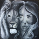 2050005 Schilderij - Leeuw/vrouw - zwart/wit <b>Kunstenaar: <i>Chea</i></b> – Diani Beach – Kenia<br><br><b>Aard:</b> olie op canvas<br><br><b>Maat in cm:</b> H  - B  2050004.jpg