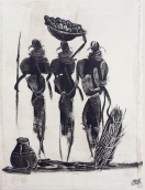 2050007 Schilderij - 4 Masai op witte achtergrond <b>Kunstenaar: <i>Chea</i></b> – Diani Beach – Kenia<br><br><b>Aard:</b> olie op canvas<br><br><b>Maat in cm:</b> H 36 - B 20 2050007.jpg