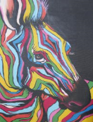 2050009 Schilderij - Zebra met bonte strepen op witte achtergrond <b>Kunstenaar: <i>Chea</i></b> – Diani Beach – Kenia<br><br><b>Aard:</b> olie op canvas<br><br><b>Maat in cm:</b> H 40 - B 30 2050009.jpg