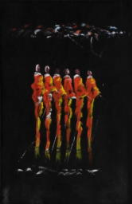 2050012 Schilderij - Silhouetten van 6 Masai - Oranje op zwart <b>Kunstenaar: <i>Chea</i></b> – Diani Beach – Kenia<br><br><b>Aard:</b> olie op canvas<br><br><b>Maat in cm:</b> H 57 - B 35 2050012-01.jpg