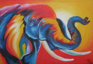 2050019 Schilderij - Kleurrijke olifant in de avondzon <b>Kunstenaar: <i>Chea</i></b> – Diani Beach – Kenia<br><br><b>Aard:</b> olie op canvas<br><br><b>Maat in cm:</b> H 43 - B 63 2050019.jpg